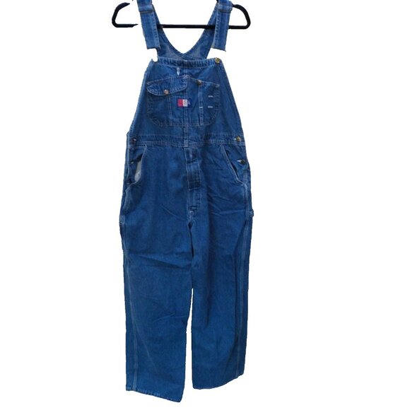 Vtg 90's USA Works 9 Pkt Bib Overalls 38x30 Blue Denim Farm Carpenter Work Wear - Picture 1 of 7